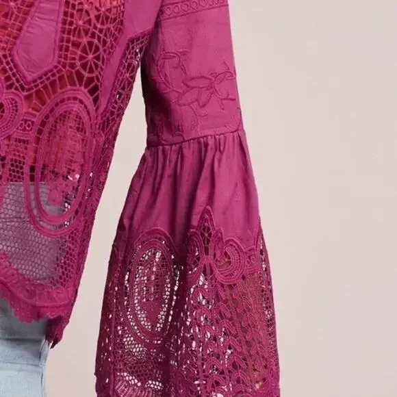 CHLOE OLIVER Anthropologie Lace Embroidered Bell Sleeve Blouse Size Small - Picture 2 of 9